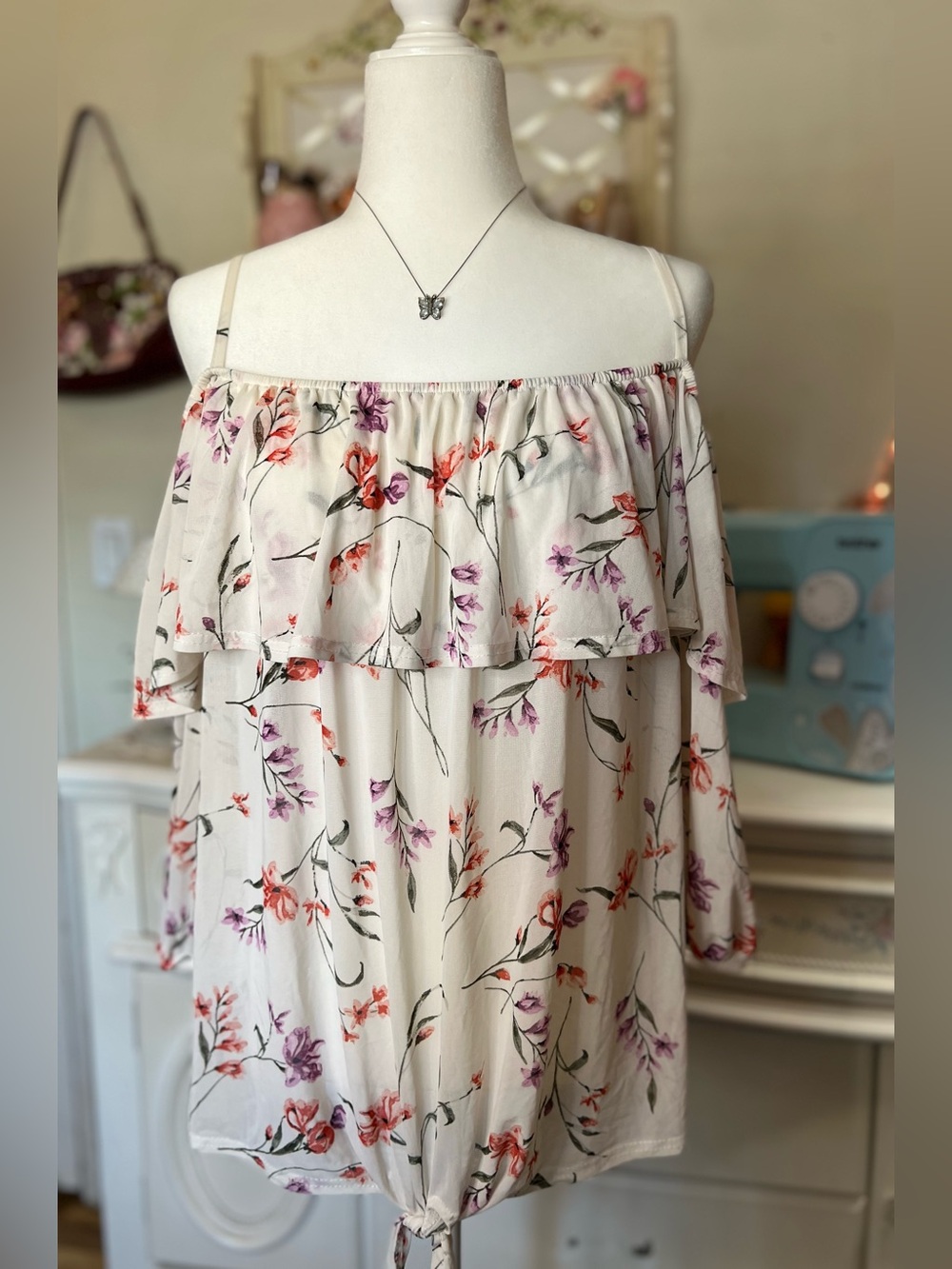 Floral Ruffle Off-Shoulder Camisole Top - Cream with Pink & Orange Flowers